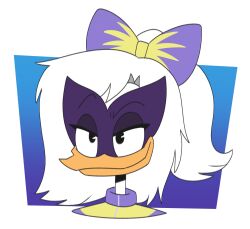  alternate_universe anatid anseriform avian bird clothing cocky_smile daisy_duck disney duck ducktales ducktales_(2017) eyebrows female hair headshot_portrait icon long_hair mask masked_face masked_female mr._blue_(artist) phantom_wing_(ducktales) ponytail portrait purple_clothing purple_hair_bow raised_eyebrow smile solo superhero 