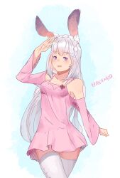  absurdres animal_ear_fluff animal_ears arm_up artist_name bare_shoulders blue_background blush braid breasts clenched_hand clothing_cutout commentary cowboy_shot crown_braid dress emilia_(re:zero) english_commentary female grey_hair hair_ornament happy highres long_hair long_sleeves looking_at_viewer open_mouth pink_dress purple_eyes rabbit_ears rabbit_girl re:zero_kara_hajimeru_isekai_seikatsu short_dress shoulder_cutout sidelocks signature simple_background small_breasts smile solo spindle_(aidenr0) standing thighhighs twitter_username white_thighhighs wide_sleeves x_hair_ornament zettai_ryouiki 