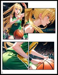  ai_generated armband athletic_female basketball basketball_(ball) basketball_court basketball_jersey basketball_shorts basketball_uniform blonde_hair close-up comic comic_page female fierce focused green_eyes long_hair manga_page maxine(zanimation) number_11 open_mouth original ponytail sport zanimation 