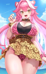  animal_ear_fluff animal_ears animal_print ass_visible_through_thighs bare_shoulders bikini blue_gemstone blue_sky blurry blurry_background blush breasts brown_choker brown_eyeshadow brown_skirt brown_wristband choker collarbone commentary_request day female fingernails gem hair_intakes hand_up high-waist_skirt highres hololive hololive_english huge_breasts jewelry leopard_print leopard_print_bikini long_hair looking_at_viewer multicolored_hair nail_polish ocean oerba_yun_fang open_mouth outdoors panther_ears panther_girl pink_bikini pink_hair pink_nails pink_wristband raora_panthera reiwa_rerere sideboob skin_fang skirt sky smile solo swimsuit thighs tongue two-tone_hair virtual_youtuber white_hair yellow_eyes 