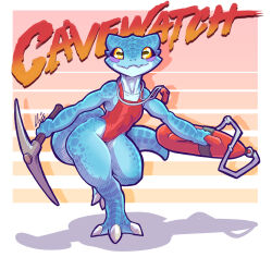  absurd_res anthro baywatch black_eyes blue_body blue_scales clothing fangs female flat_chested hi_res holding_pickaxe horizontal_pupils kobold lifeguard lifeguard_swimsuit lluisabadias navel_outline one-piece_swimsuit orange_sclera oxygen_tank pickaxe pink_background pupils red_clothing red_swimwear rosy_cheeks scales scalie simple_background smile solo swimwear teeth text thick_thighs whistle_(object) whistle_around_neck white_background wide_hips 