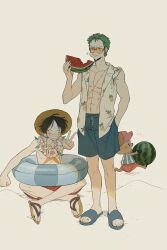  3boys abs antlers black_hair blush_stickers brown_fur closed_eyes cross_scar earrings eating flower flower_necklace food from_side fruit full_body green_hair grin hand_in_pocket hat highres holding_watermelon horns indian_style innertube jewelry lei male_swimwear monkey_d._luffy multiple_boys numata_(oioioioiai) one_eye_closed one_piece open_clothes open_shirt pink_hat red_shorts reindeer_antlers roronoa_zoro running sandals scar scar_across_eye scar_on_cheek scar_on_chest scar_on_face short_hair shorts simple_background sitting smile standing sunglasses swim_ring swim_trunks teeth toned toned_male tony_tony_chopper topless_male v watermelon watermelon_slice 