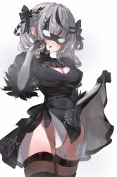  2b_(nier:automata) 2b_(nier:automata)_(cosplay) :o awaken_fuuta bandage_on_hair bandage_on_thigh black_bow black_thighhighs blindfold bow braid breasts cleavage cleavage_cutout clothes_lift clothing_cutout cosplay cowboy_shot ear_piercing elbow_gloves feather-trimmed_sleeves female gloves glowing glowing_eyes grey_hair hair_ornament hairbow hand_in_own_hair hand_up highleg highleg_leotard hololive juliet_sleeves leotard leotard_peek light_blush long_sleeves looking_at_viewer medium_breasts multicolored_hair multiple_hair_bows open_mouth piercing puffy_sleeves sakamata_chloe sidelocks simple_background skirt skirt_lift streaked_hair thighhighs virtual_youtuber white_background white_leotard x_hair_ornament 