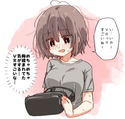  blush breasts brown_hair female grey_shirt head-mounted_display highres holding large_breasts matsuda_hikari messy_hair open_mouth original pink_background red_eyes shirt short_hair solo sweat t-shirt virtual_reality 