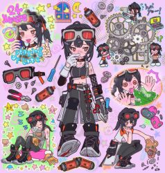  ... black_footwear black_hair chibi chibi_inset clothing_request crop_top deformed english_text female fruitymarcy gears gloves goggles goggles_on_head grace_howard grey_pants heart highres orange_gloves pants ponytail purple_background screwdriver shirt short_sleeves sitting sleeping solo sparkle squatting standing stuffed_animal stuffed_toy techwear teddy_bear thumbs_up white_gloves white_shirt window zenless_zone_zero 