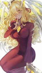  blonde_hair breasts broom broom_riding curly_hair dress duel_monster enmo_takeshita female finger_to_mouth hair_over_one_eye highres large_breasts light_blush long_hair mementotlan_angwitch red_dress shushing skeletal_wings solo wings yellow_eyes yu-gi-oh! 