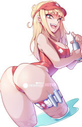  :d alternate_hairstyle ass blonde_hair boku_no_hero_academia breasts cleavage commentary english_commentary fangs female highres holding holding_syringe hot_vr large_breasts lifeguard long_hair looking_at_viewer one-piece_swimsuit partially_submerged pixiv_username red_one-piece_swimsuit simple_background smile solo subscribestar_username swimsuit syringe tan tanlines teeth toga_himiko upper_teeth_only visor_cap white_background yellow_eyes 