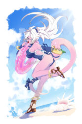  android_21 ass bare_shoulders beach black_one-piece_swimsuit blue_eyes breasts candy colored_skin covered_navel dragon_ball dragon_ball_fighterz earrings female food full_body high_ponytail highres holding holding_candy holding_food holding_lollipop holding_swim_ring holding_water_gun hoop_earrings jewelry jiajiajiajiaa large_breasts lollipop long_hair majin_android_21 ocean one-piece_swimsuit pink_skin pointy_ears sand solo swim_ring swimsuit water_gun white_hair 