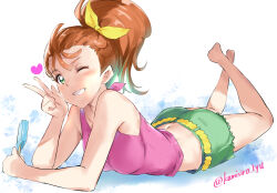  ass barefoot female food green_eyes green_shorts grin hair_ribbon heart highres holding holding_food holding_popsicle kamishiro_ryuu legs_up looking_at_viewer lying midriff natsuumi_manatsu on_stomach one_eye_closed orange_hair pink_tank_top ponytail popsicle precure ribbon shorts smile tank_top tropical-rouge!_precure v yellow_ribbon 