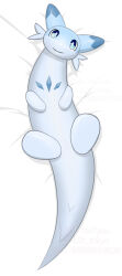  2024 ambiguous_gender bedding bedding_background blue_eyes blue_markings cheek_tuft chillet dakimakura dakimakura_design digital_media_(artwork) dipstick_ears ear_markings facial_tuft feral fur hi_res imtyou long_body lying markings multicolored_ears on_back pal_(species) palworld paws pocketpair smile solo tail tuft watermark white_body white_fur 