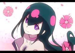  bad_id bad_pixiv_id bare_shoulders choker collarbone commentary_request female flower green_hair hair_flower hair_ornament injury katanagatari letterboxed long_hair monk photoshop_(medium) purple_eyes s.h.v smile solo very_long_hair yasuri_nanami 