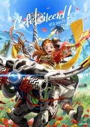  :d aloy_(horizon) alternate_costume armor artist_request blue_sky bow_(weapon) braid brown_hair charger_(horizon) circlet cloud commentary day dou dutch_text english_commentary falling_flower female floral_print flower flower_knot glint grass green_eyes helmet highres horizon_(video_game) horizon_zero_dawn japanese_armor kabuto_(helmet) kojitsunagi_(pattern) kusazuri lens_flare looking_at_viewer multicolored_eyes open_mouth outdoors peony_print pink_flower poppy_(flower) red_flower riding robot second-party_source shoulder_armor signature sky smile sode tallneck_(horizon) teeth upper_teeth_only weapon yellow_eyes yellow_flower 