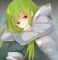  commentary_request crossed_arms eyelashes female fingernails green_hair head_rest hood hood_down hoodie hugging_own_legs kagerou_project kido_tsubomi knees_up long_hair long_sleeves looking_away ocha_(hutuumikan) pants pants_rolled_up rain red_eyes sad sideways_glance sitting solo 