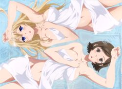  2girls breasts brown_eyes brown_hair kokkoku large_breasts laying_on_back multiple_girls short_hair towel_around_waist water white_towel yukawa_juri 