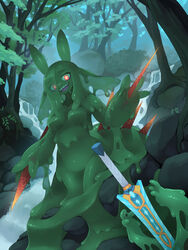  2022 3:4 ambiguous_species anthro breasts cross_pupils day detailed_background digital_media_(artwork) eyebrows eyelashes eyeshadow featureless_breasts female forest front_view goo_creature goo_hair green_body green_ears green_eyebrows green_goo green_hair hair hi_res holding_object holding_weapon kamukamu6392 kemono leaf looking_at_viewer makeup melee_weapon not_furry nude open_mouth open_smile outside plant pseudo_hair purple_eyeshadow purple_tongue red_eyes river rock shaded sharp_teeth smile solo spikes spikes_(anatomy) stake standing sword teeth tongue tree tree_root water waterfall weapon 