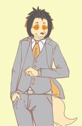  2013 anthro bird_dog black_hair canid canine canis clock closed_eyes clothing colored domestic_dog dress_shirt fur grey_clothing grey_suit grey_topwear grey_vest hair hand_in_pocket hunting_dog kyouji_(morenatsu) labrador looking_at_watch male mammal morenatsu necktie orange_necktie pockets retriever shirt simple_background solo suit tan_background tan_body tan_fur topwear vest watch wristwatch zangusuu 