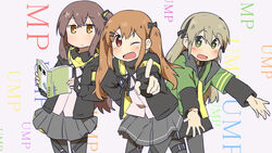  3girls 404_(girls&#039;_frontline) arawi_keiichi_(style) armband book closed_mouth crossover girls&#039;_frontline hyadain_no_kakakata_kataomoi_-_c jacket looking_at_viewer multiple_girls nichijou open_mouth parody plug_(feng-yushu) skirt smile style_parody ump40_(girls&#039;_frontline) ump45_(girls&#039;_frontline) ump9_(girls&#039;_frontline) white_background yellow_armband 