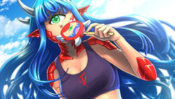  blue_hair blue_sky breasts cacodemon cleavage cloud commentary crop_top cyclops day demon_girl doom_(series) english_commentary female food green_eyes green_nails highres horns ice_cream large_breasts long_hair looking_at_viewer mark_of_the_doom_slayer monster_girl nail_polish one-eyed personification pointy_ears popsicle scales sky solo substance20 teeth upper_teeth_only 