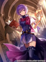  book dress dutch_angle faceless faceless_male female fire fire_emblem fire_emblem:_new_mystery_of_the_emblem floating_clothes grey_eyes katarina_(fire_emblem) official_art purple_dress purple_hair purple_theme red_scarf scarf short_hair thighhighs tobi_(kotetsu) weapon 