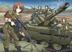  4girls =_= ^_^ absurdres ammunition_pouch arm_support averting_eyes battle_rifle belt belt_pouch black_footwear black_gloves blonde_hair blue_eyes blue_sky blush boots breasts brown_hair brown_jacket brown_pants browning_m2 buttons canteen caterpillar_tracks chevron_(symbol) closed_eyes cloud collared_jacket combat_boots contrapposto cross-laced_footwear day eyes_visible_through_hair facing_viewer fatigues feet_out_of_frame fn_mag full_body gloves goggles goggles_on_headwear grass green_belt green_shirt grin gun hand_up hatch heavy_machine_gun helmet highres holding holding_canteen holding_gun holding_weapon imi_galil_galatz israel israel_defense_forces jacket looking_afar looking_at_viewer looking_to_the_side low_ponytail machine_gun medium_breasts medium_hair merkava_(tank) mikeran_(mikelan) military military_jacket military_uniform military_vehicle monocular motor_vehicle mountain multiple_girls oerba_yun_fang on_vehicle open_collar open_hatch open_mouth original outdoors pants pants_tucked_in pocket pouch radio_antenna red_eyes rifle shirt short_hair shoulder_boards sitting sky sleeves_rolled_up smile sniper_rifle soldier standing submachine_gun sweatdrop tank tank_helmet teeth trigger_discipline undershirt uniform unworn_goggles unworn_headwear uzi v water weapon 