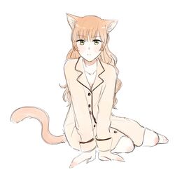  animal_ear_fluff animal_ears blush buttons cat_ears cat_girl cat_tail closed_mouth commentary female green_eyes highres long_hair long_sleeves nyamo orange_eyes orange_pajamas pajamas saeki_sayaka solo tail wavy_hair white_background yagate_kimi_ni_naru 