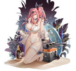  absurdres alcohol alternate_costume aqua_innertube armpit_crease azur_lane bare_shoulders barefoot bikini black_choker black_hair black_scarf breasts bremerton_(azur_lane) bucket champagne champagne_bottle chinese_commentary choker cleavage collarbone commentary_request copyright_name dated eyewear_on_head feet female fingernails frilled_bikini frilled_straps frills full_body groin hair_between_eyes hair_intakes hair_ribbon highres innertube jacket jacket_partially_removed kneeling large_breasts legs looking_at_viewer mole mole_under_eye multi-strapped_bikini multicolored_hair nail_polish najiu_jiao_xiaolan_ba navel official_style pink_eyes pink_nails plant pulling_own_clothes rabbit red_hair ribbon sand scarf side-tie_bikini_bottom smile solo stomach strap_pull streaked_hair swim_ring swimsuit thigh_strap thighs tinted_eyewear tiptoes toenail_polish toenails toes tongue tongue_out turret twintails two-tone_hair white_background white_bikini white_jacket white_rabbit_(animal) yellow-framed_eyewear 