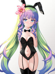  ameth_(princess_connect!) animal_ears ass_visible_through_thighs black_leotard black_thighhighs blue_eyes blunt_bangs breasts cementite clothing_cutout cowboy_shot drill_hair drill_sidelocks fake_animal_ears female flower garter_straps green_hair hair_flower hair_ornament hand_on_own_chest highres leotard long_hair multicolored_hair navel navel_cutout pink_flower playboy_bunny pointy_ears princess_connect! purple_hair rabbit_ears sidelocks simple_background small_breasts solo strapless strapless_leotard thighhighs twintails two-tone_hair very_long_hair white_background 