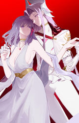  2girls absurdres breasts commentary_request dress fate/grand_order fate_(series) highres holding_hands jewelry long_hair looking_at_viewer matou_sakura medusa_(fate) medusa_(saber)_(fate) multiple_girls necklace phanta purple_eyes purple_hair red_background sideboob upper_body white_dress 