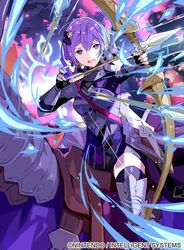  armor armored_boots arrow_(projectile) bernadetta_von_varley boots bow_(weapon) bracer breastplate commentary_request crest dress earrings female fingerless_gloves fire_emblem fire_emblem:_three_houses fire_emblem_cipher gloves grey_eyes hair_ornament horse jewelry nervous official_art outdoors purple_hair purple_theme short_dress shoulder_armor shoulder_spikes spikes thighhighs tobi_(kotetsu) weapon 