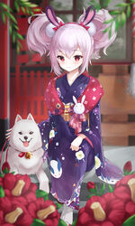  absurdres animal animal_ears azur_lane bell blurry blurry_background blurry_foreground blush bow canine closed_mouth commentary_request depth_of_field female floral_print flower hair_between_eyes hair_ornament hairband highres japanese_clothes jingle_bell kimono knee_up korean_commentary laffey_(azur_lane) laffey_(snow_rabbit_and_candy_apple)_(azur_lane) long_sleeves looking_at_viewer monochrome obi official_alternate_costume print_kimono purple_kimono rabbit_ears red_bow red_eyes red_flower red_hairband samoyed_(dog) sash sidelocks sitting smile socks solo stairs stone_stairs wakum white_socks 