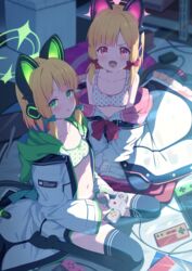  2girls :d animal_ear_headphones animal_ears black_thighhighs blonde_hair blue_archive blunt_bangs blush bow bow_bra bra breasts cat_ear_headphones collarbone commentary controller expressionless fake_animal_ears famicom_gamepad game_controller green_bra green_eyes hairbow halo headphones highres holding holding_controller holding_game_controller hood hooded_jacket indoors jacket looking_at_viewer midori_(blue_archive) miso_(misomiso_154) momoi_(blue_archive) multiple_girls nintendo_64_controller nintendo_switch open_clothes open_jacket open_mouth parted_lips pink_bra pink_eyes polka_dot polka_dot_bra seiza shade short_hair siblings sisters sitting small_breasts smile thighhighs training_bra twins underwear v-shaped_eyebrows 