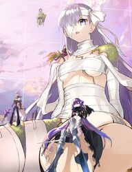  5girls absurdres armor armored_boots bandage_over_one_eye bandaged_arm bandaged_head bandaged_leg bandages belt_collar black_coat blue_choker blue_ribbon boots breasts choker claw_(weapon) claws coat collar crotch_plate drill_hand fate/extra fate/extra_ccc fate/extra_ccc_fox_tail fate_(series) giant giantess greaves hair_ribbon highres huge_breasts kazuradrop_(fate) kingprotea_(fate) long_hair meltryllis_(fate) mitsurugi_sugar moss multiple_girls naked_bandage passionlip_(fate) pink_ribbon prosthesis prosthetic_leg purple_hair revealing_clothes ribbon sleeves_past_wrists violet_(fate) weapon 