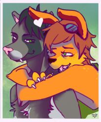  anthro dee_the_ottsel duo eyewear eyewear_on_head fangs goggles goggles_on_head green_eyes hair half_body herpestid hi_res hug hugging_another hugging_from_behind jak_and_daxter lasicala male male/male mammal mongoose mustelid naughty_dog one_eye_closed ottsel pppanth simple_background sony_corporation sony_interactive_entertainment teeth white_heart 