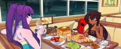  2girls avocado bacon bare_shoulders bibi_(orbis_terra) black_hair black_sclera bracelet cup dark_skin egg food fork fruit holding holding_cup jewelry knife multiple_girls napkin nyx_(orbis_terra) orbis_terra pancake plate purple_hair red_eyes saane sausage signature sitting stack_of_pancakes steam sunny_side_up_egg syrup table toast 