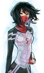  animification black_hair bodysuit breasts cindy_moon female floating_hair grey_eyes highres holding holding_string looking_to_the_side marvel mask mouth_mask red_mask short_hair silk_(marvel) small_breasts solo spider-man_(series) spider_web_print string superhero_costume sushi_pizza_rrr v-shaped_eyebrows 