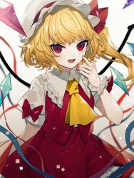  :d ascot blonde_hair blue_ribbon blush bow confetti cowboy_shot crystal daimaou_ruaeru female flandre_scarlet frilled_shirt_collar frills gradient_background grey_background hand_up hat hat_bow highres long_hair looking_at_viewer mob_cap one_side_up open_mouth petticoat puffy_short_sleeves puffy_sleeves red_bow red_eyes red_nails red_ribbon red_skirt red_vest ribbon shirt short_sleeves skirt skirt_set smile solo touhou vest white_background white_hat white_shirt wings wrist_cuffs yellow_ascot 