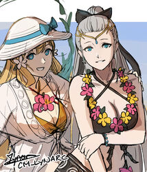  2girls bikini black_bikini blonde_hair blue_eyes breasts cm_lynarc eir_(fire_emblem) eir_(summer)_(fire_emblem) fire_emblem fire_emblem_heroes hat highres large_breasts looking_at_viewer mother_and_daughter multiple_girls official_alternate_costume sun_hat swimsuit white_hair yellow_bikini ymir_(fire_emblem_heroes) ymir_(summer)_(fire_emblem_heroes) 