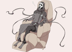  ... 1boy arm_strap beige_background belt black_belt black_eyes black_gloves chair dead_by_daylight ghostface gloves male_focus mask mizu_cx reclining sitting sleeping solo zzz 