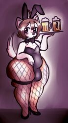  absurd_res alcohol andrew_(solo_legend) anthro ass beer beverage big_butt bow_(feature) bow_in_front bow_tie bulge bunny_costume canid canine canis clothing costume femboy fishnet_clothing hi_res male mammal penelopisspiss solo thick_thighs waiter wolf 