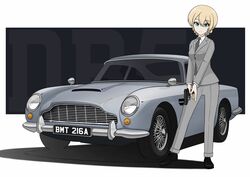  absurdres alternate_costume aston_martin aston_martin_db5 blonde_hair blue_eyes braid car contrapposto darjeeling_(girls_und_panzer) female formal french_braid girls_und_panzer grey_suit gun handgun highres james_bond_(series) kano_(nakanotakahiro1029) motor_vehicle necktie smile solo suit vehicle_focus walther walther_ppk weapon 