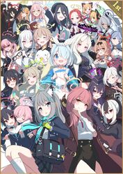  6+girls absurdres ako_(blue_archive) angel angel_wings animal_ear_fluff animal_ears anniversary aris_(blue_archive) arona_(blue_archive) aru_(blue_archive) ayane_(blue_archive) azusa_(blue_archive) bag blue_archive blue_necktie book cat_ears chinatsu_(blue_archive) commentary_request demon_girl demon_horns english_text everyone extra_ears game_development_department_(blue_archive) glasses gold_border halo hanako_(blue_archive) haruka_(blue_archive) hasumi_(blue_archive) hat hifumi_(blue_archive) highres hina_(blue_archive) horns hoshino_(blue_archive) hug hug_from_behind iori_(blue_archive) justice_task_force_(blue_archive) kayoko_(blue_archive) koharu_(blue_archive) mari_(blue_archive) mashiro_(blue_archive) messiah_&amp;_crea midori_(blue_archive) military military_uniform momoi_(blue_archive) multiple_girls mutsuki_(blue_archive) necktie nonomi_(blue_archive) pink_halo pointy_ears prefect_team_(blue_archive) problem_solver_68_(blue_archive) scarf school_bag school_uniform serika_(blue_archive) shiroko_(blue_archive) short_hair stuffed_animal stuffed_toy tsurugi_(blue_archive) uniform wings wolf_ears yuzu_(blue_archive) 