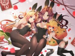  3girls angela_(seiken_densetsu_3) animal_ears ass black_leotard black_thighhighs blonde_hair blue_eyes blush bow bowtie breasts card charlotte_(seiken_densetsu_3) cleavage detached_collar fake_animal_ears fake_tail fishnet_pantyhose fishnets green_eyes highres holding holding_card large_breasts leotard long_hair looking_at_viewer low-tied_long_hair lying mii_(03miiy) multiple_girls on_back on_side one_eye_closed pantyhose playboy_bunny playing_card pointy_ears purple_hair rabbit_ears rabbit_tail rabite_(seiken_densetsu) riesz seiken_densetsu seiken_densetsu_3 smile strapless strapless_leotard tail thighhighs very_long_hair wrist_cuffs 