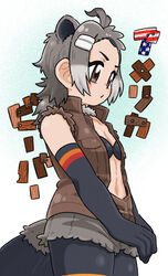  american_beaver_(kemono_friends) american_flag animal_ears antenna_hair appleq beaver_ears beaver_tail bike_shorts bike_shorts_under_shorts black_bra bra breast_pocket breasts brown_eyes brown_vest cleavage collared_vest commentary_request cowboy_shot cutoffs detached_collar elbow_gloves female from_side fur_collar gloves grey_hair grey_shorts hair_intakes hair_ornament hairclip high_collar highres kemono_friends looking_down low_ponytail medium_hair multicolored_hair navel pocket short_shorts shorts shorts_under_shorts small_breasts solo stomach tail torn_clothes torn_sleeves underwear v_arms vest 