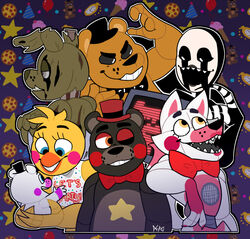  animatronic avian beak bib bird black_body black_nose black_sclera blue_eyes canid canine carrying chicken claws clothing crossed_arms eyebrows eyelashes feathers female fingers five_nights_at_freddy&#039;s five_nights_at_freddy&#039;s_2 five_nights_at_freddy&#039;s_3 five_nights_at_freddy&#039;s_4 fox freckles freddy_fazbear&#039;s_pizzeria_simulator funtime_foxy_(fnafsl) galliform gallus_(genus) golden_freddy_(fnaf) green_body grey_eyes group half-closed_eyes happy hat headgear headwear helpy_(fnaf) hi_res humanoid lagomorph lefty_(fnaf) leporid lipstick looking_down looking_up machine makeup male mammal markings mask narrowed_eyes nightmarionne_(fnaf) open_mouth orange_eyes phasianid pink_cheeks pink_claws purple_body rabbit red_cheeks ribbons robot sharp_teeth signature sister_location size_difference smile snazzamazing speaker springtrap_(fnaf) star teeth toy_chica_(fnaf) undead ursid video_games white_body white_eyes yellow_body yellow_eyes yellow_feathers 