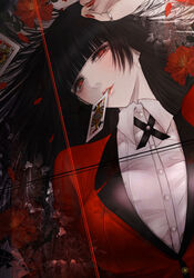  absurdres bad_id bad_pixiv_id black_hair blazer breasts card card_in_mouth collared_shirt female highres hyakkaou_academy_school_uniform jabami_yumeko jack_(playing_card) jack_of_hearts jack_of_spades jacket jewelry kakegurui long_hair looking_at_viewer lying mouth_hold on_back pale_skin playing_card red_eyes red_jacket ring satsuki_kei school_uniform shirt teeth_hold thumb_ring upper_body white_shirt 