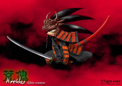  2000 anthro armor black_body black_nose clothed clothing eulipotyphlan fighting_pose fully_clothed hedgehog holding_melee_weapon holding_object holding_sword holding_weapon j-fujita looking_forward male mammal melee_weapon pose samurai samurai_armor serious serious_face solo sword sword_sheath tan_face warrior watermark weapon 