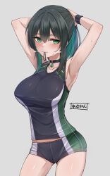  armpits blush breasts choker female green_eyes green_hair green_wrist_cuffs highres hiruno large_breasts medium_hair original shorts sweat tank_top yuina_(hiruno) 