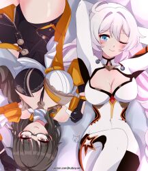  2girls absurdres blue_eyes bodysuit braid breasts brown_eyes brown_hair cleavage closed_mouth commentary english_commentary entropy_(honkai_impact) female_dreamseeker_(honkai_impact) glasses gloves hair_between_eyes highres honkai_(series) honkai_impact_3rd jacket kiana_kaslana kiana_kaslana_(white_comet) kudayunii large_breasts long_hair long_sleeves looking_at_viewer lying multiple_girls on_back one_eye_closed patreon_username semi-rimless_eyewear smile twin_braids very_long_hair white_bodysuit white_hair yellow_jacket 