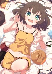  absurdres ahoge animal armpits bare_arms bare_shoulders barefoot bed_sheet blue_eyes blush brown_camisole brown_hair brown_shorts camisole commentary_request fangs female highres hololive knee_up looking_at_viewer lying natsuiro_matsuri okota_mikan on_back open_mouth revision short_shorts shorts solo squirrel virtual_youtuber wavy_mouth 