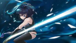  absurdres attack bare_shoulders black_gloves black_thighhighs blue_eyes blue_hair breasts dynamic_pose elbow_gloves female fighting fighting_stance gloves glowing hair_intakes highres holding holding_sword holding_weapon hololive hololive_english large_breasts light_trail looking_at_viewer ouro_kronii shards slicing solo somebody_(leiking00) sword thighhighs tight_clothes weapon 